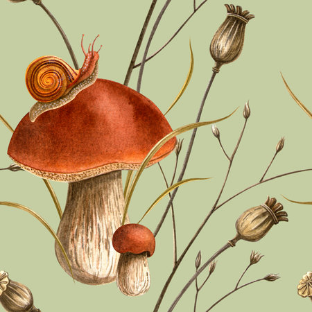 Autumn harvest bolete mushrooms, snail and poppy bulbs seamless pattern. Watercolor hand painted botanical detailed vintage illustration. Autumn seasonal floral texture for home fabrics, wallpaperの写真素材