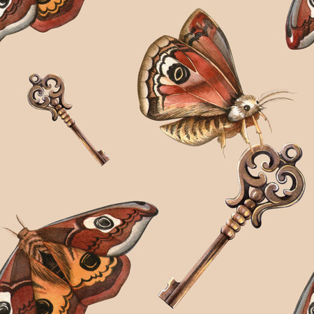 Vintage beige butterflies and keys seamless pattern Elegant retro hand-drawn watercolor texture with antique elements Perfect for feminine fabrics, home textile, romantic wallpapers stylish backgroundの写真素材