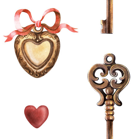 Vintage elegant seamless pattern - golden heart locket pendant red bow, old key and scarlet heart. Romantic retro Valentines day watercolor texture. Ideal for wrapping, fabrics, wallpapers, textileの写真素材