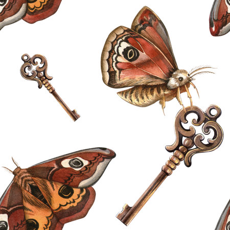 Vintage retro butterflies and keys seamless pattern Elegant hand-drawn watercolor texture with antique elements Perfect for feminine fabrics, home textile, romantic wallpapers stylish background, cardの写真素材