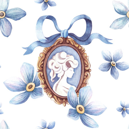 Vintage gold cameo, blue bow and forget-me-not flowers seamless pattern. Romantic watercolor texture. Perfect for seasonal spring fabrics, home textile, Womens day, Mothers day decoration, wrapping.の写真素材