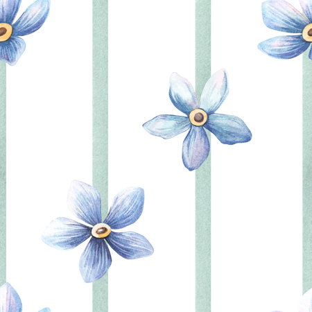 Floral seamless pattern with green watercolor stripes and light blue forget-me-not flowers Botanical watercolor pastel texture Perfect for fabrics, home textiles, background, seasonal wallpaper.の写真素材
