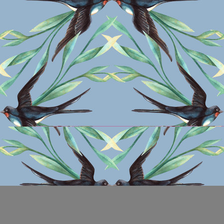 Spring blue seamless pattern with swallows birds and foliage. Floral watercolor with sky background Perfect for romantic arrangement, seasonal decoration, botanical fabric, wrapping paper, postcard.の写真素材