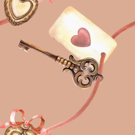Beige retro golden heart locket pendant, red bow, ribbon with love card and old key seamless pattern . Hand-drawn watercolor vintage texture. Symbols of love. Valentines day background, wrappingの写真素材