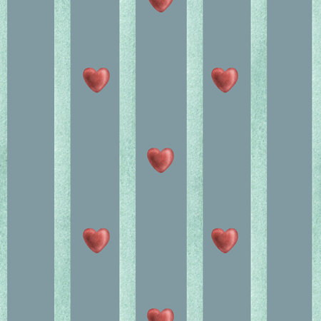 Cottage core red hearts and green stripes vintage Valentines seamless pattern. Romantic country style watercolor retro texture. Perfect for fabrics, home textile, elegant wallpaper, spring backgroundの写真素材