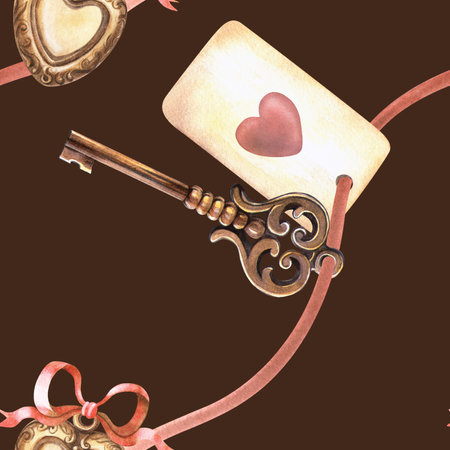 Dark brown elegant retro seamless pattern - golden heart pendant, red bow, ribbon, love card, old key. Hand-drawn watercolor vintage texture. Romantic symbols. Valentines day background, wrappingの写真素材