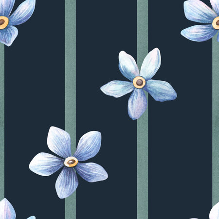 Night dark blue floral seamless pattern - green watercolor stripes and light blue forget-me-not flowers Botanical watercolor texture Perfect for fabrics, home textiles, background, seasonal wallpaper.の写真素材