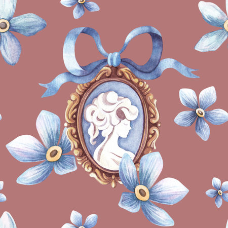Coral pink elegant seamless pattern - gold cameo, blue bow and forget-me-not flowers. Vintage watercolor texture. Perfect for seasonal spring fabrics, home textile, Womens day decoration, wrapping.の写真素材