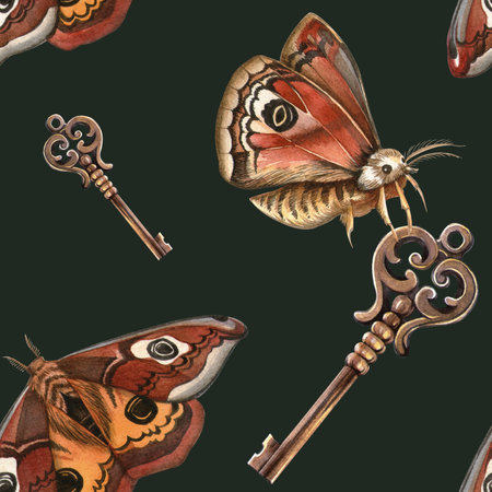 Vintage dark green seamless pattern - butterflies and retro keys Stylish watercolor texture with antique elements Perfect for feminine fabrics, home textile, romantic wallpapers stylish backgroundの写真素材