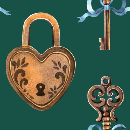 Emerald green elegant seamless pattern - vintage golden lock heart and key with bow. Retro hand drawn watercolor background. Perfect texture for Valentines day wrapping, decoration, fabrics, printの写真素材