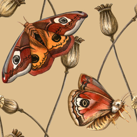 Beige mocha vintage botanical seamless pattern - saturnia butterflies, dried poppy seeds. Watercolor autumn herbarium wallpaper. Ideal for feminine fabrics, botanical print, vintage wrapping, textureの写真素材