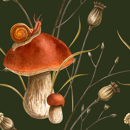 Dark green autumn mushrooms, snails and poppy seeds seamless pattern. Watercolor hand-drawn botanical detailed vintage illustration Autumn seasonal herbal texture for home fabrics, wallpaper, wrappingの写真素材