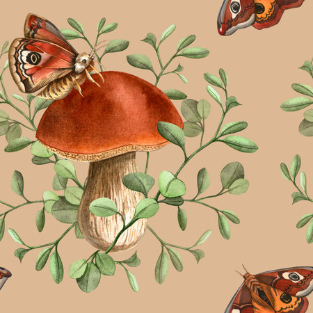 Beige mocha autumn floral seamless pattern with bolete mushrooms, peacock butterflies and foliage. Fall forest botanical watercolor. Seasonal colorful texture for fabric, wallpaper, wrapping, printsの写真素材