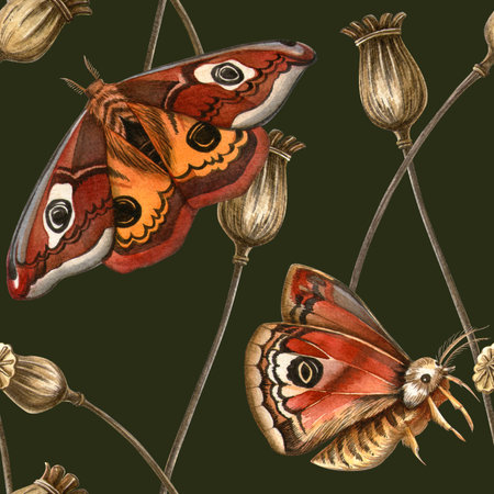 Dark green vintage botanical seamless pattern with butterflies and dried poppy bulbs. Watercolor autumn seasonal herbal wallpaper Ideal for feminine fabrics, botanical print, vintage wrapping, textureの写真素材