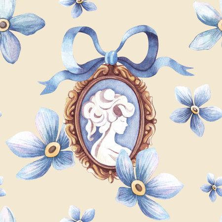 Romantic gold cameo, blue bow and forget-me-not flowers beige seamless pattern. Vintage watercolor texture. Perfect for seasonal spring fabrics, home textile, Womens day decoration, wrapping.の写真素材