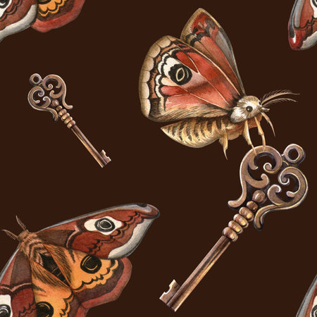 Vintage dark brown seamless pattern - butterflies and retro keys Stylish watercolor texture with antique elements Perfect for feminine fabrics, home textile, romantic wallpapers stylish backgroundの写真素材