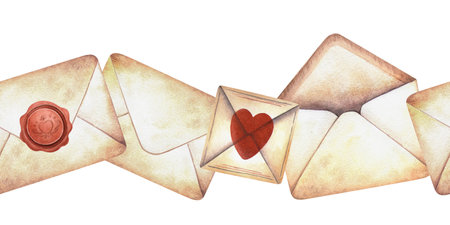 Vintage love letters retro seamless border. Hand-drawn watercolor bordure with old paper envelopes with wax seal and heart. Perfect for Valentines day theme banner, stationery, literature, decorationの写真素材