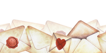 Love letters retro seamless border. Hand-painted vintage watercolor bordure with old envelopes, wax seal, hearts. Perfect for Valentines day decoration, paper stationery, literature, poetry themeの写真素材
