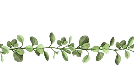 Fresh green spring floral seamless banner with twig and leaves bordure Hand-painted watercolor template - border with botanical arrangement Perfect for seasonal decor, greenery themes, wedding, Easterの写真素材