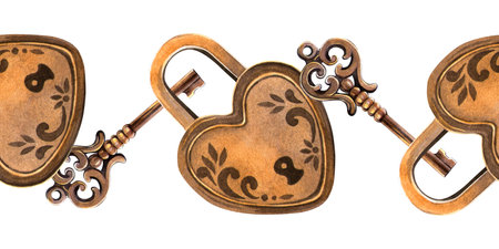 Romantic vintage border with heart lock and retro key. Antique bordure padlock with old clue for elegant decoration. Hand painted watercolor seamless texture. Perfect for Valentines day, love themesの写真素材