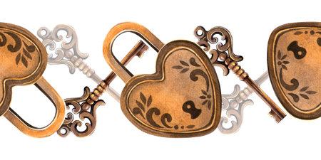 Vintage elegant seamless border with locks and keys. Antique bordure padlocks with clues retro decoration. Hand painted watercolor seamless texture. Perfect for Valentines day, love themes, textileの写真素材