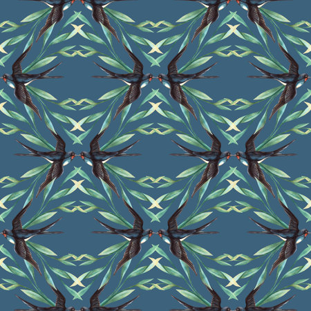Night blue swallows bird and green leaves seamless pattern. Floral watercolor texture with dark background Perfect for elegant arrangement, seasonal spring decoration, botanical fabric, wrapping paperの写真素材