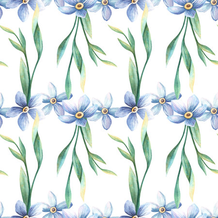 Floral spring seamless pattern - forget-me-not blue flower with green foliage. Elegant botanical watercolor illustration. Ideal for vintage fabrics, romantic background, home textile, seasonal weddingの写真素材