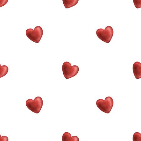 Cute red hearts seamless pattern in polka dot style. Vintage Valentine day scarlet hearts love print Watercolor romantic texture. Perfect for wrapping, elegant background, wedding decoration, textileの写真素材