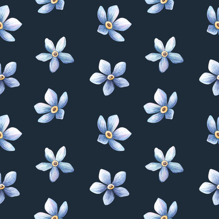 Dark blue floral forget-me-not flowers seamless pattern. Vintage spring watercolor texture on indigo background. Elegant botanical print for fabrics, home textile, seasonal wrapping, natural wallpaperの写真素材