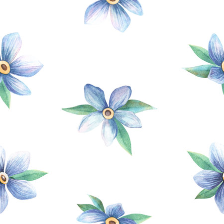 Blue forget-me-not flowers cute seamless pattern. Elegant floral watercolor texture. Romantic light print Perfect for feminine spring fabrics, botanical textile, natural background, seasonal wallpaperの写真素材