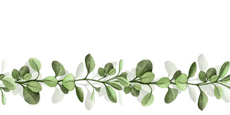 Bright green floral seamless border with twig and leaves. Hand-painted watercolor bordure with template - banner with botanical arrangement Perfect for seasonal decor, greenery themes, wedding, Easterの写真素材