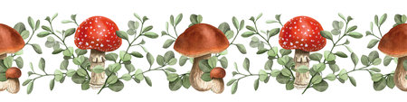 Forest mushrooms colorful bright seamless border. Poisonous fly agaric, edible bolete with green foliage. Summer botanical watercolor bordure. Perfect for home textile, floral fabrics, floral patternの写真素材