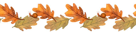 Oak leaves autumn elegant warm seamless border. Seasonal watercolor fall bordure of bright foliage Botanical banner perfect for home textile, print, fabric, pattern, wrapping, bed cloth or kitchenwareの写真素材