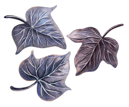 Dark purple and blue night ivy foliage. Gothic mysterious floral watercolor illustration. Perfect for Halloween decoration, midnight composition, magic or witch set, whimsical design, elegant print.の写真素材