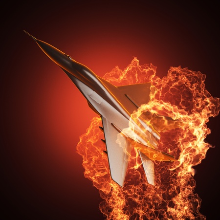 Military airplane in fire made in 3Dの写真素材