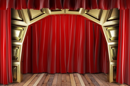 red fabric curtain on golden stageの写真素材