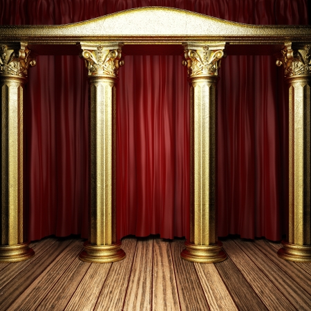 red fabric curtain on golden stageの写真素材