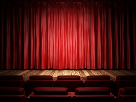 red fabric curtain on stageの写真素材
