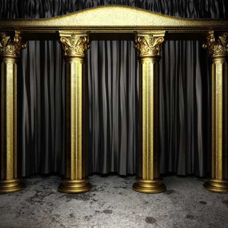 black fabric curtain on golden stageの写真素材