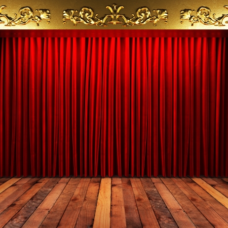 red fabric curtain with gold on stageの写真素材