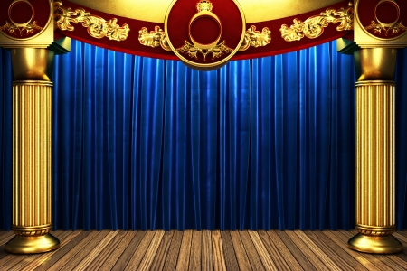 blue fabric curtain on golden stageの写真素材
