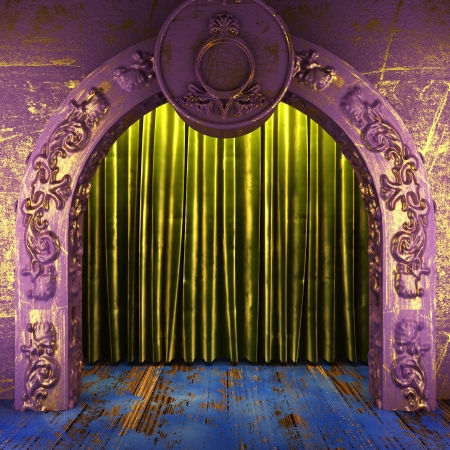 green fabric curtain on stageの写真素材