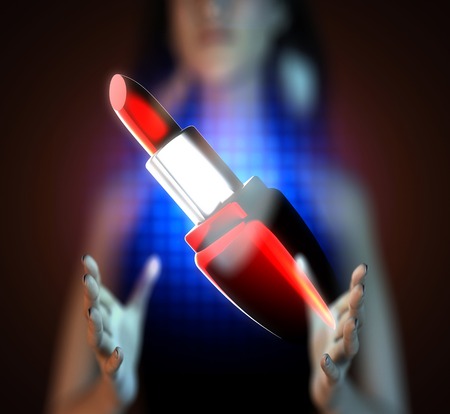 glossy red lipstick on hologramの写真素材