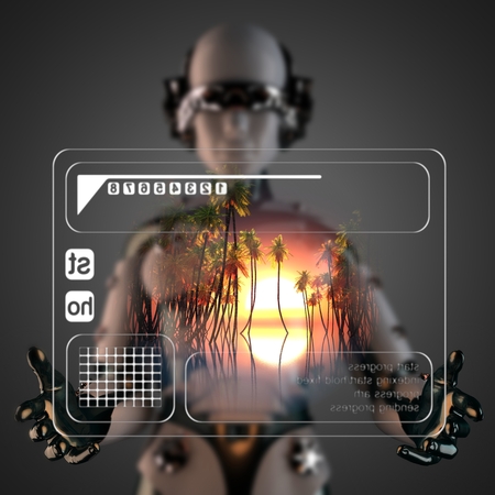 robot woman manipulatihg hologram display