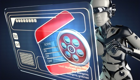 robot woman and hologram display