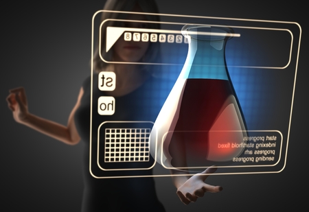woman and futusistic hologram on handの写真素材