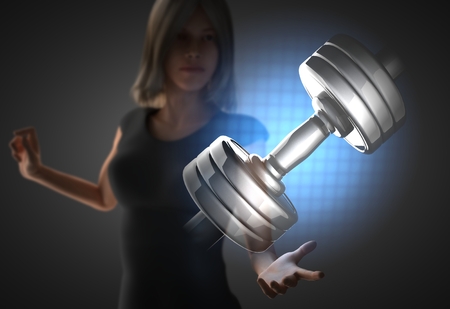 woman and futusistic hologram on handの写真素材