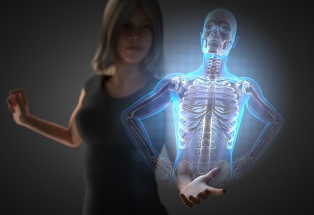 woman and hologram with chest bones rodiographyの写真素材