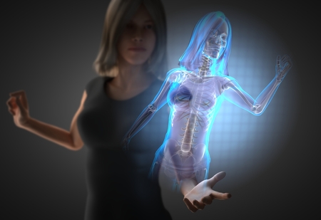 woman and hologram with bones radiographyの写真素材