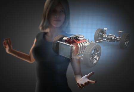 woman and hologram with car chassisの写真素材